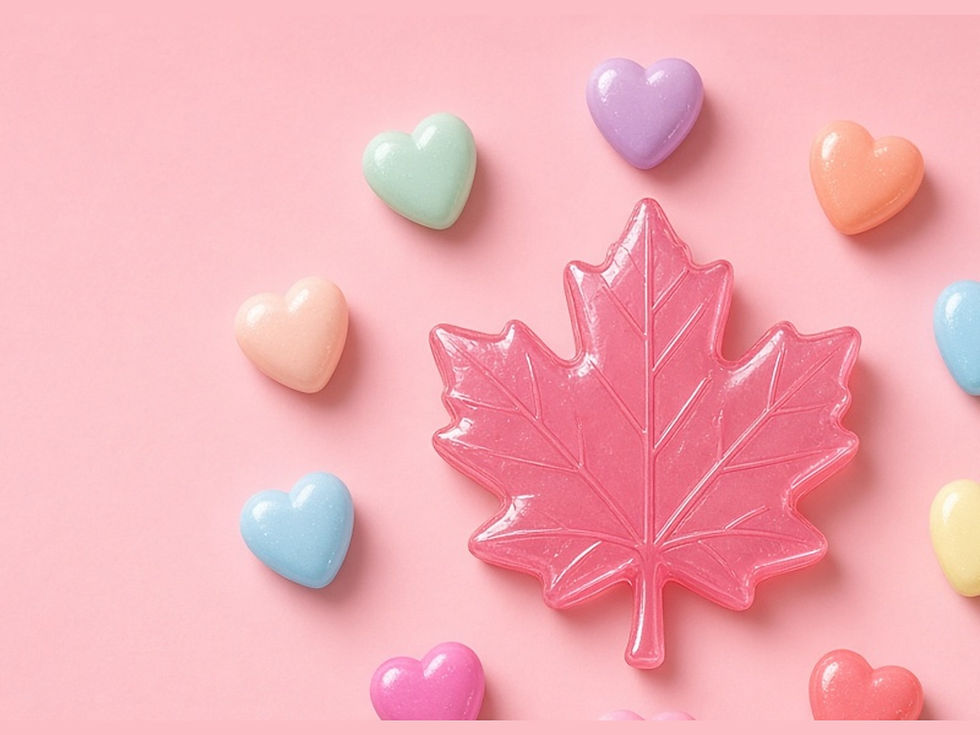 A pink candy maple leaf ringed by eleven pastel candy hearts on a soft pink background.