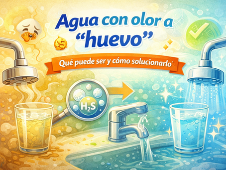 Grifo de cocina vertiendo agua amarillenta en un vaso junto a huevos y una lupa mostrando burbujas de sulfuro de hidrógeno (H2S), representando el problema del olor a azufre en el agua doméstica.