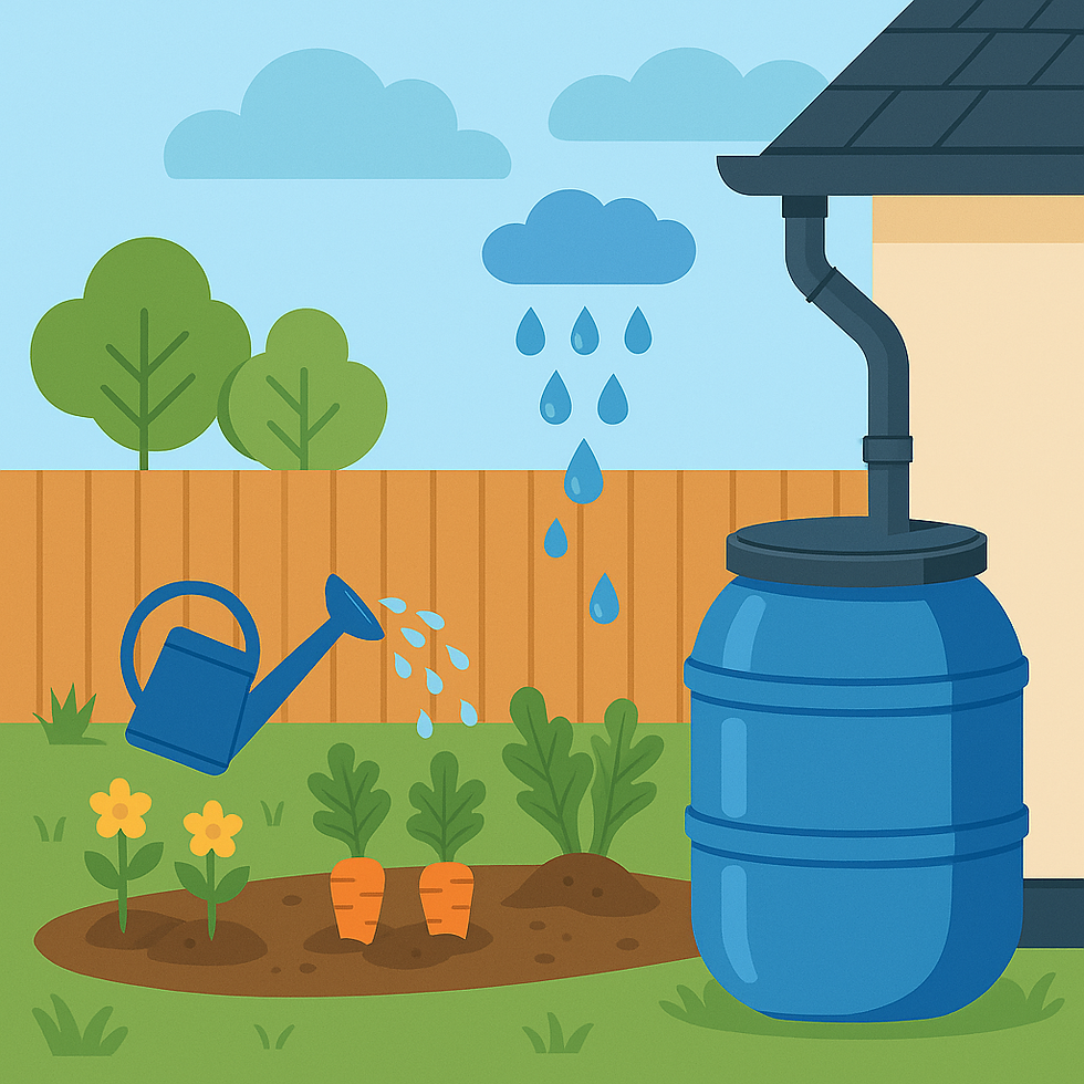 Ilustración en estilo plano que muestra una casa con sistema de captación de lluvia y personas reutilizando agua para regar plantas y limpiar pisos.