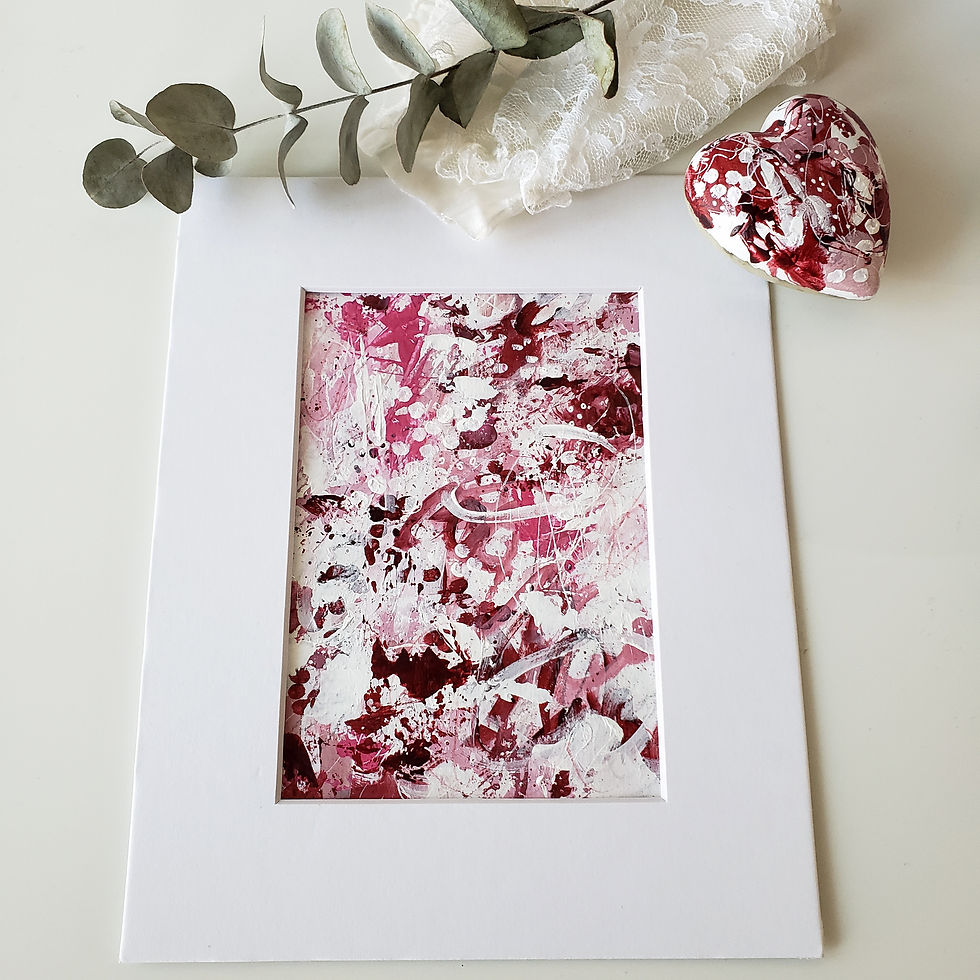 True Love #2 - Original Abstract Art on Paper by Sue Allemand. Deep reds, pinks & white. Art is 5 x 7, matted to 8 x 10 and ready to frame. Valentine, love, gift for her