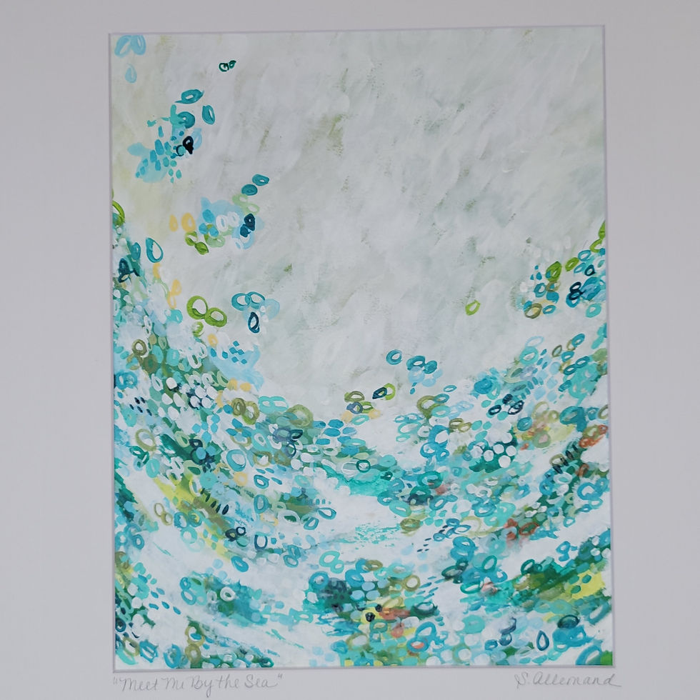 Meet Me By the Sea Abstract Painting on Watercolor Paper. 11 x 14 Art, matted to 16 x 20. Ready to frame. Evoking the ocean with little "bubbles" of color. Done in whites, turquoise, greens & yellow. Lots of movement & texture.
