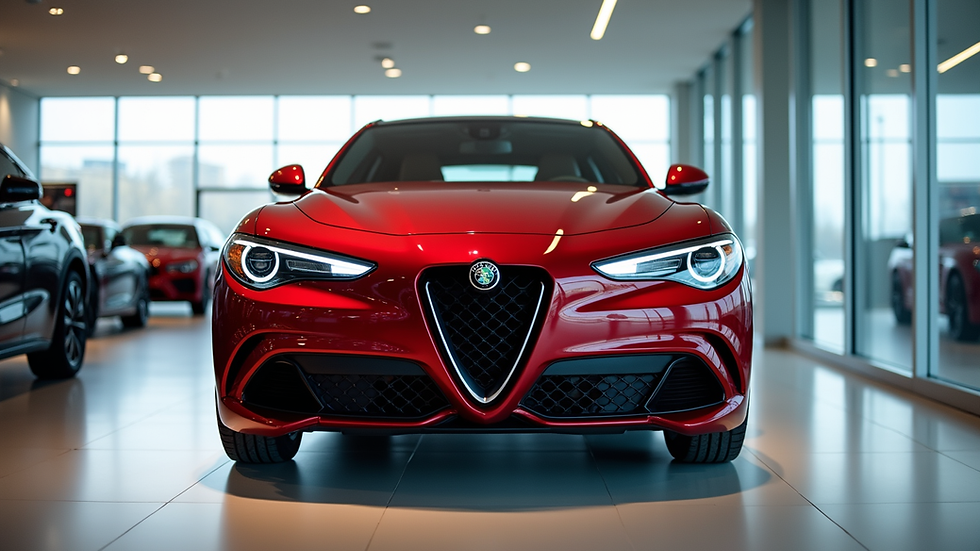 Eye-level view of a new Alfa Romeo car displayed in a showroom