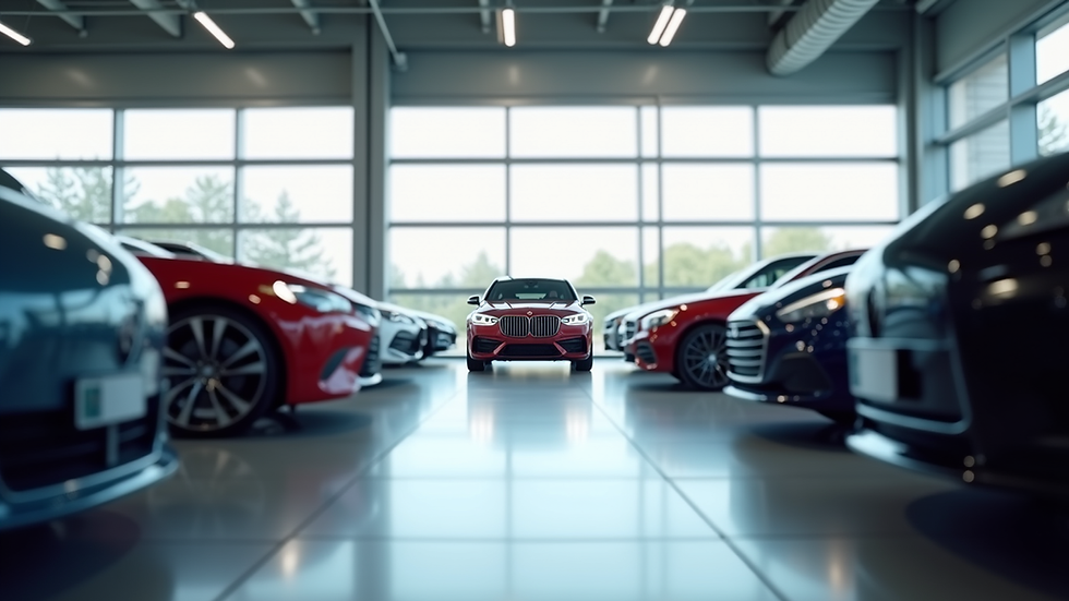 Eye-level view of a showroom with new cars from various brands