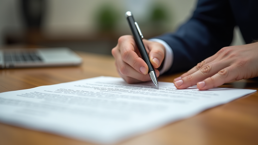 Close-up view of a contract being signed on a wooden desk