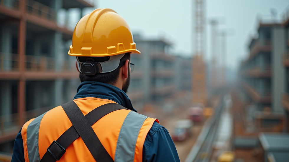 Close-up view of safety harness and helmet on a construction site