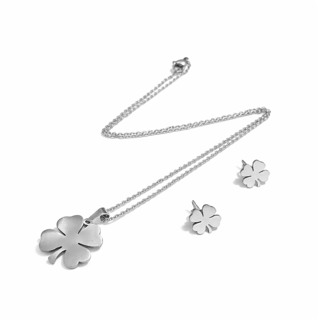 Conjunto Colar 45cm e Brincos Femininos Trevo Prateado Aço Inoxidável