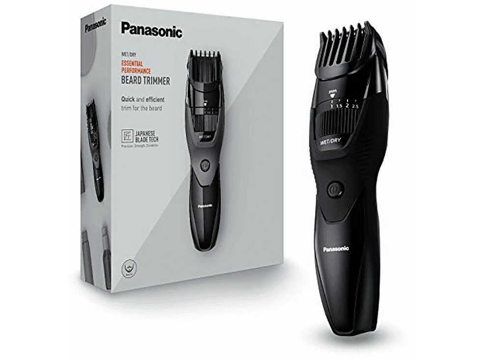 Regolabarba Panasonic ER-GB43: vista frontale con stazione di ricarica e accessori inclusi.