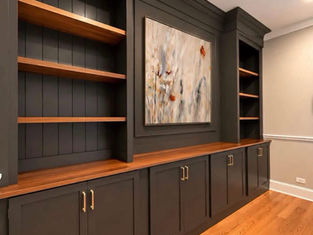 Charcoal custom built-in bookcases with walnut shelves, Raleigh NC