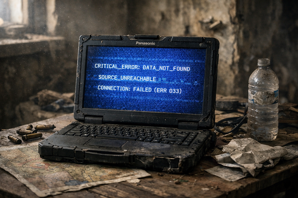 A broken laptop on a dusty shelf