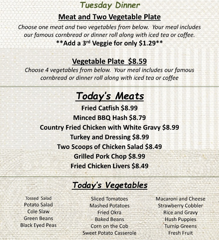 Clock of Greer Meat and Three Menu