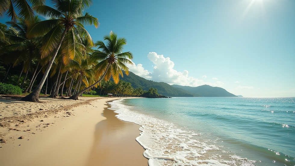 Wide angle view of a serene beach with palm trees in Costa Rica