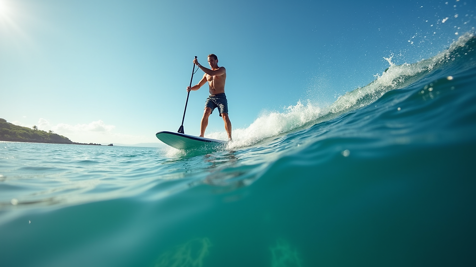 Eye-level view of a paddleboarder gliding over clear blue ocean water near Guanacaste coast