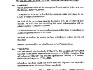END OF TERM ONE 2026 CIRCULAR