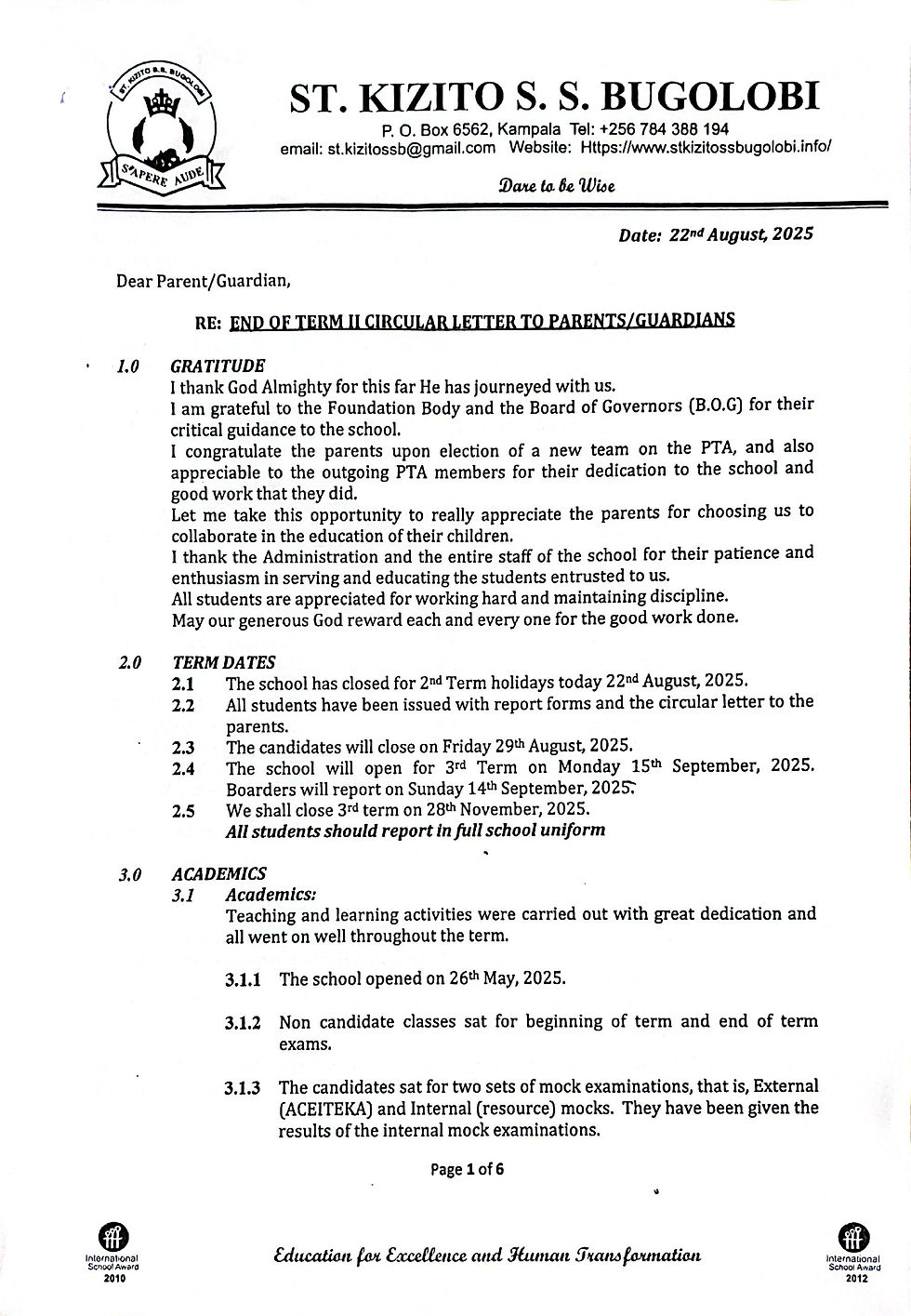 END OF TERM 2 2025 CIRCULAR
