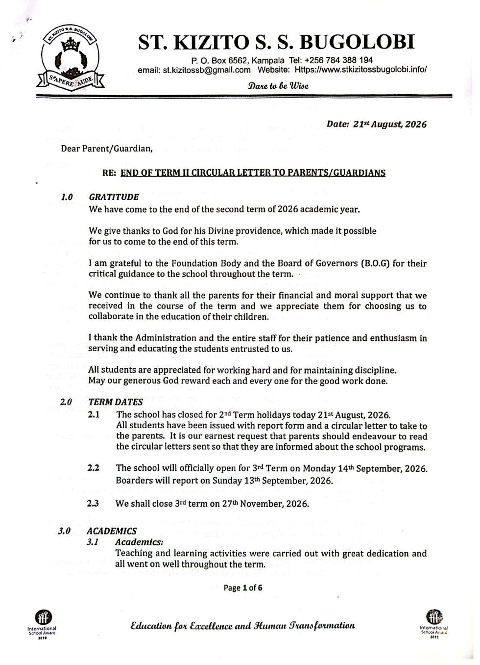 END OF TERM 2 2026 CIRCULAR