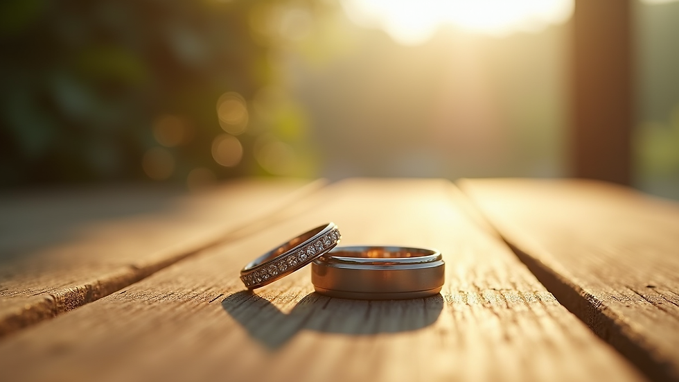 Close-up view of wedding rings on a natural wooden surface with soft sunlight