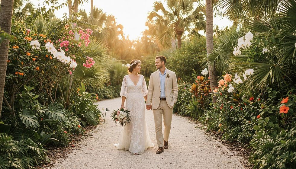 Bride and groom hold hands and walk down a tropical garden path at sunset, surrounded by lush palms and colorful flowers.