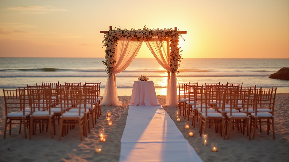 High angle view of a small wedding setup on a sandy beach at sunset