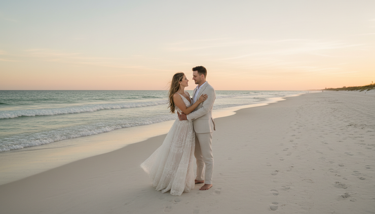 Wide-angle view of a couple standing together on a quiet Florida beach at sunset.