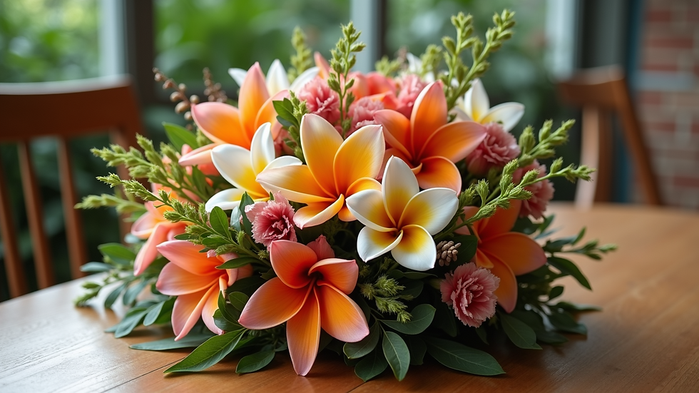 Close-up view of a wedding bouquet with tropical flowers on a wooden table
