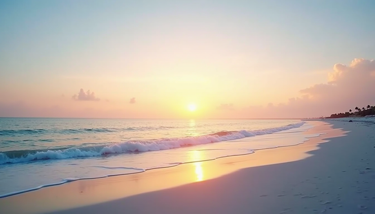 Eye-level view of Siesta Key beach at sunrise with soft pastel sky and calm water
