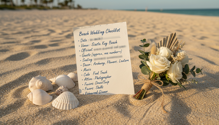 High-angle view of a small beach wedding checklist beside seashells and a bouquet.