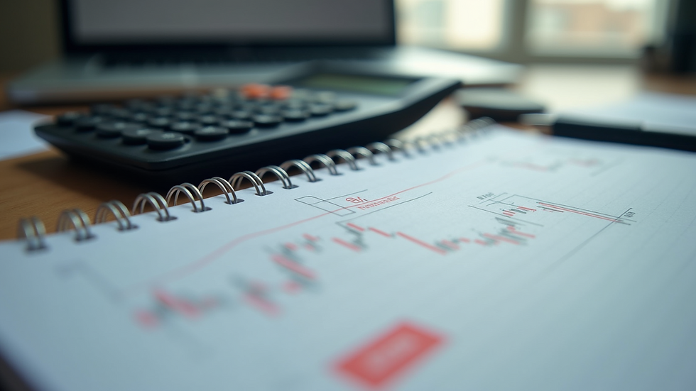 Close-up view of a calculator and a notebook with forex trading notes
