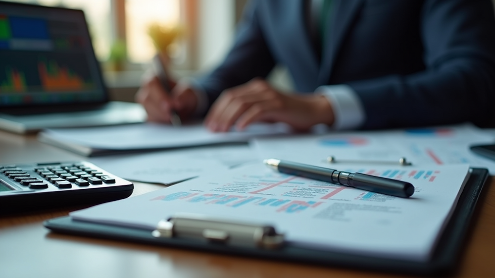 High angle view of a trader’s desk with a notebook, calculator, and forex charts