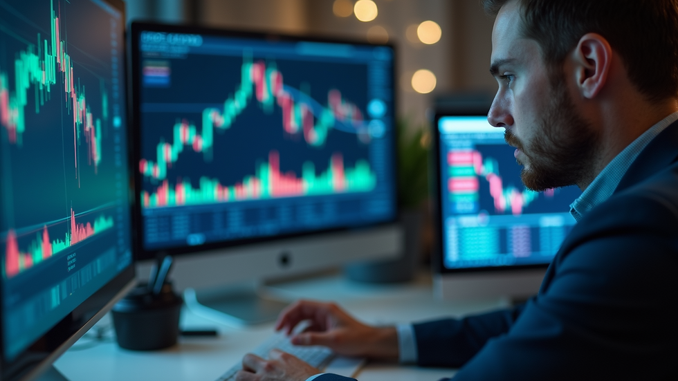 High angle view of a trader analysing forex charts with moving averages