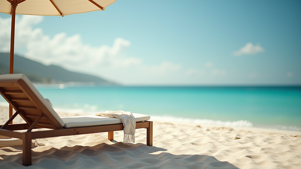 Eye-level view of a serene beach setting with lounge chairs