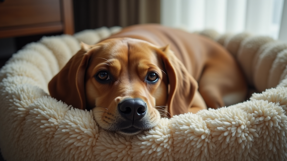 Close-up view of a dog resting comfortably on a plush dog bed in a hotel room
