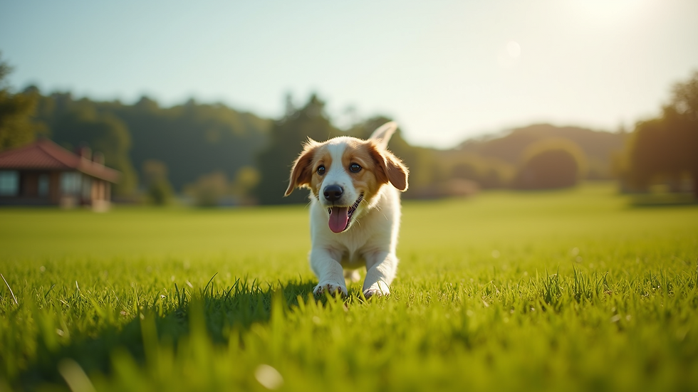 Wide angle view of a dog playing in a green open field at a resort