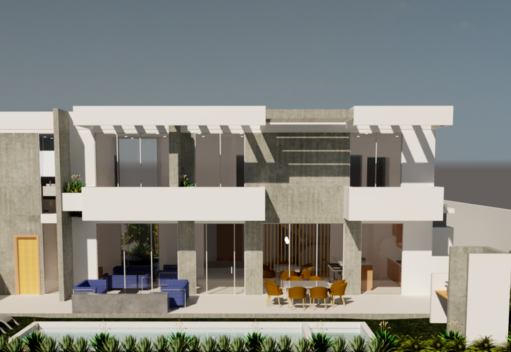 Fachada de casa residencial con terraza, chimenea, alberca y balcones