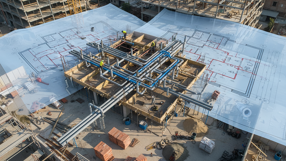 Vista aérea de sistema de tuberías hidrosanitarias en construcción
