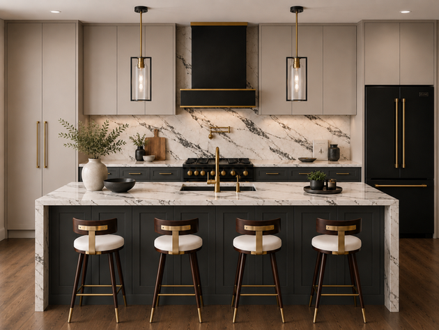 Elevated modern kitchen with warm neutral flat-panel cabinets, charcoal shaker island and lower cabinets, matte black appliances, brass accents, marble-look stone surfaces, and four counter stools.