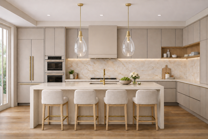 Contemporary Clean Luxe kitchen with warm greige flat-panel cabinetry, a lighter painted range hood, creamy full-height slab backsplash, waterfall island with painted fluted face, brass faucet, two glass pendant lights, four upholstered stools, and warm oak flooring.