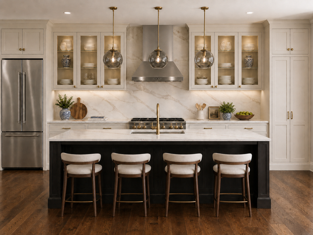 Transitional Soft Noir kitchen with warm ivory shaker cabinets, softened black island, brass hardware, smoked glass pendant lights, stainless range hood, creamy stone backsplash, and rich wood flooring.