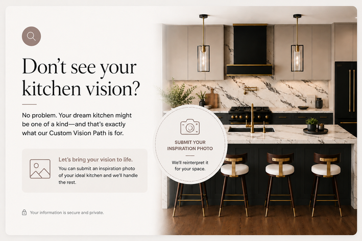 Kitchen Kingdom Custom Vision Path slider image featuring a luxury kitchen background with text inviting homeowners to submit an inspiration photo if they do not see their kitchen vision in the collection.