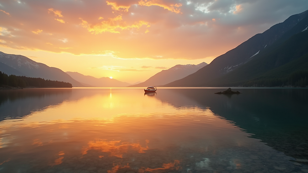Eye-level view of a calm lake at sunset symbolizing peace and balance