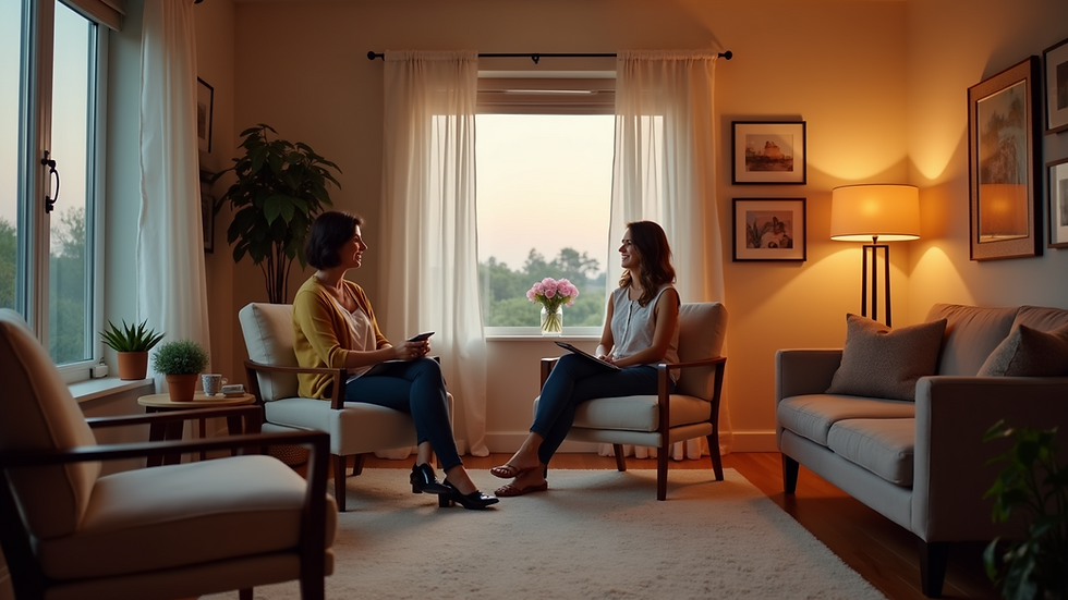 Eye-level view of a cozy therapy room with soft lighting and comfortable chairs