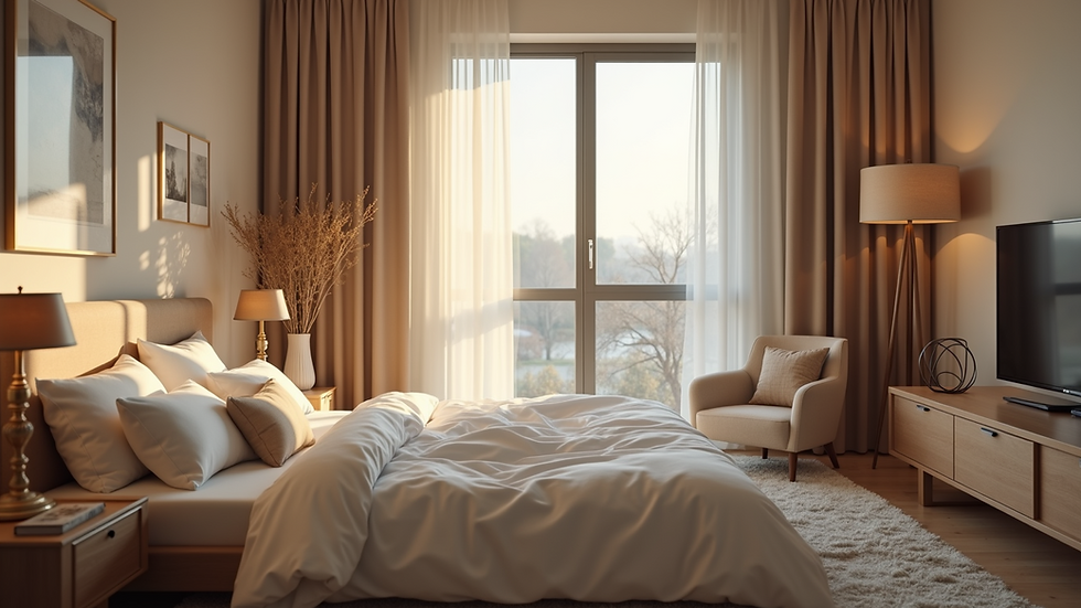 Eye-level view of a cozy bedroom with soft lighting and calming decor