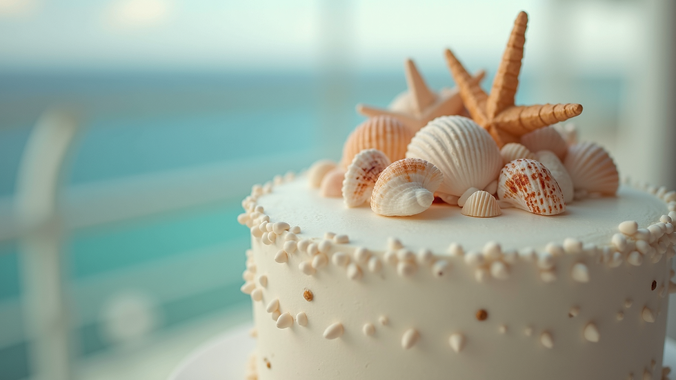 Close-up view of a wedding cake decorated with seashells on a cruise ship