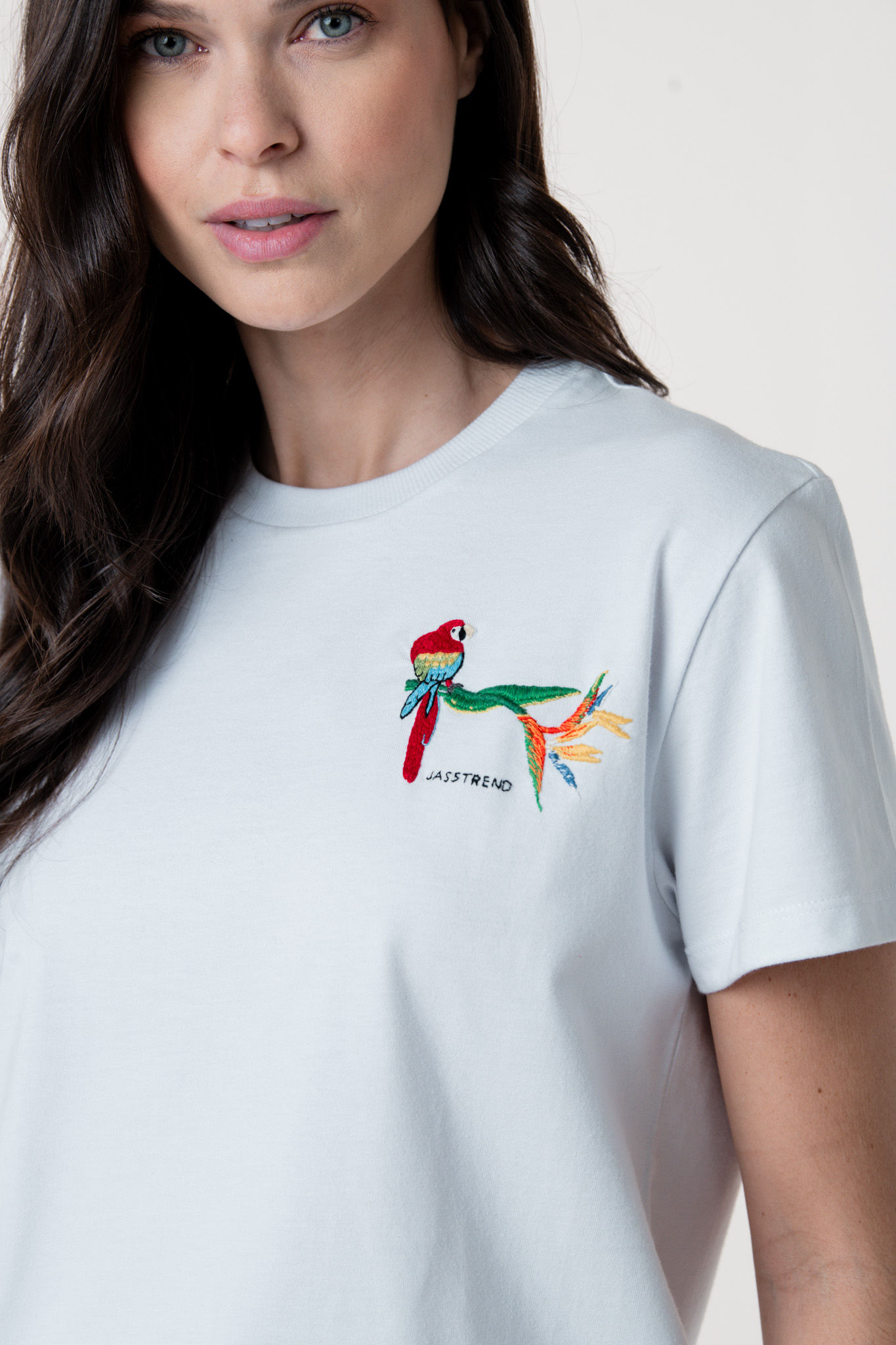 White Embroidered Macaw Organic Cotton T-Shirt