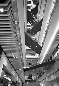 Looking up through the centre of the atrium with the criss cross of walkways