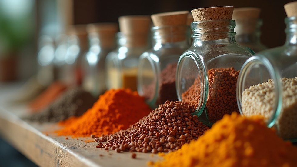 Eye-level view of a variety of spices in jars