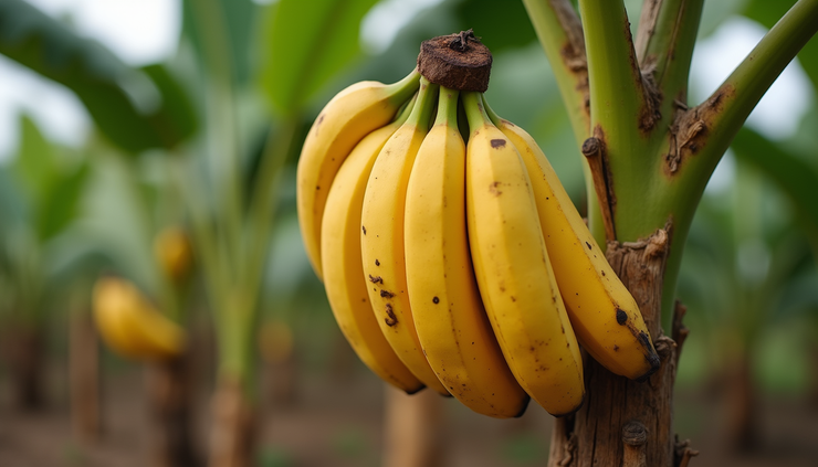 Close-up view of ripe Cavendish bananas hanging on a banana plant