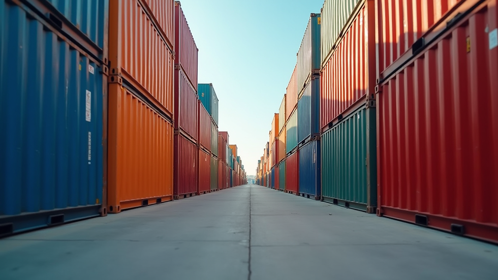 Eye-level view of a shipping container yard filled with colorful containers