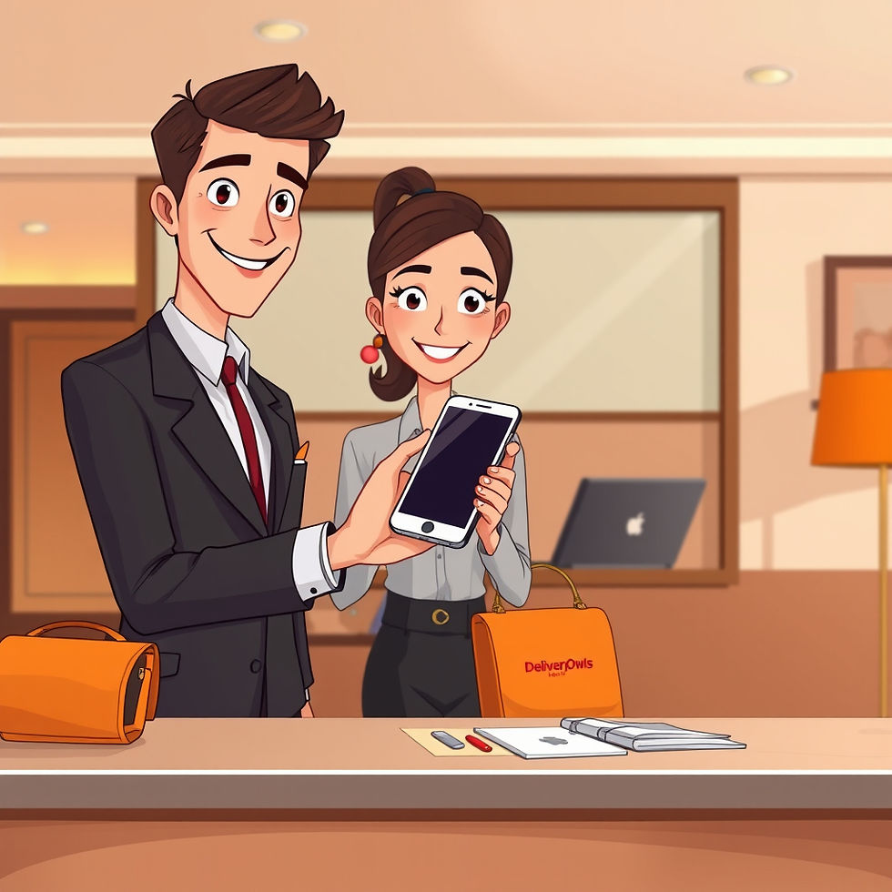 Hotel staff safely handing a guest’s lost phone to a Delivery Owls retrieval representative.