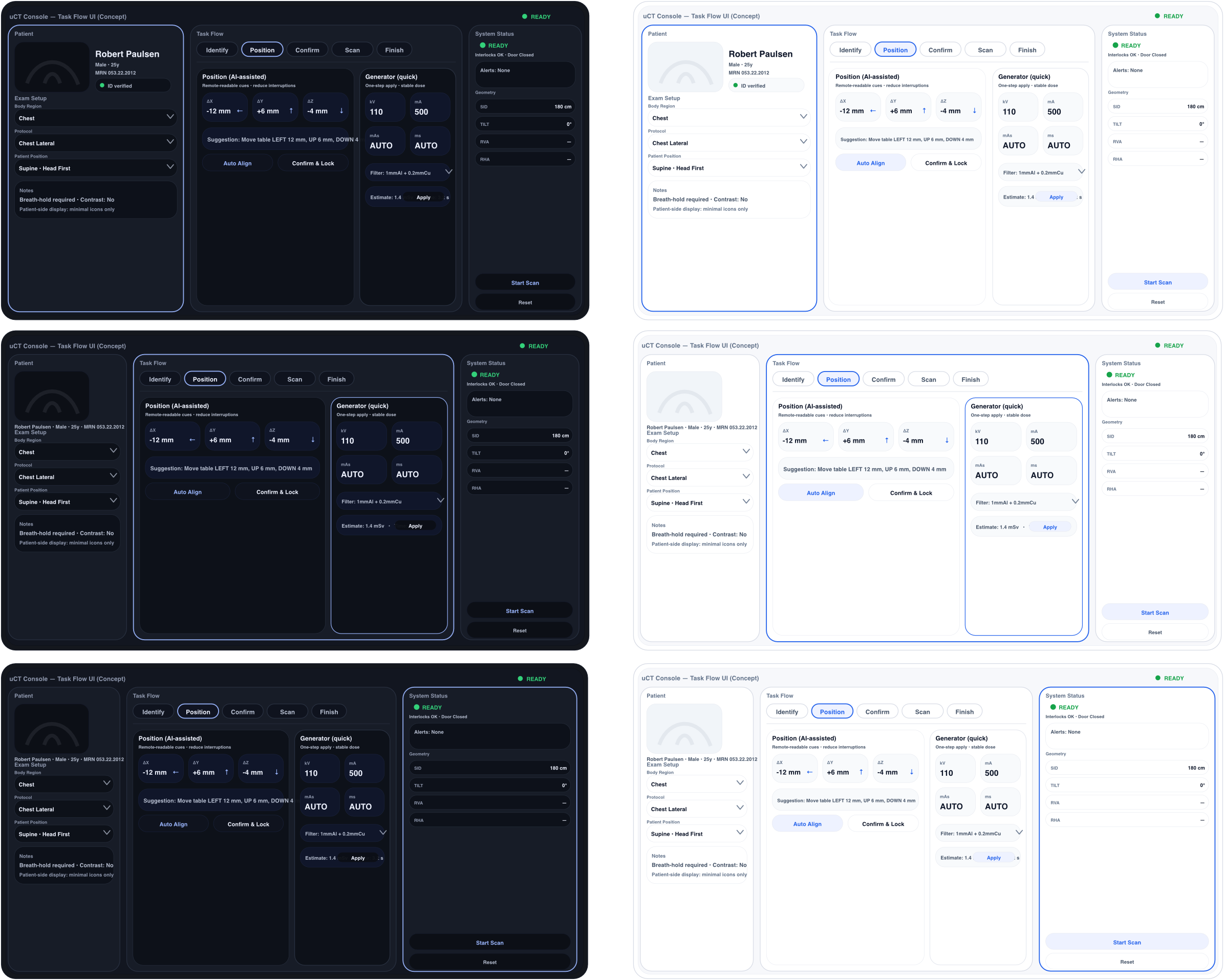 CT interface designs in dark and light themes