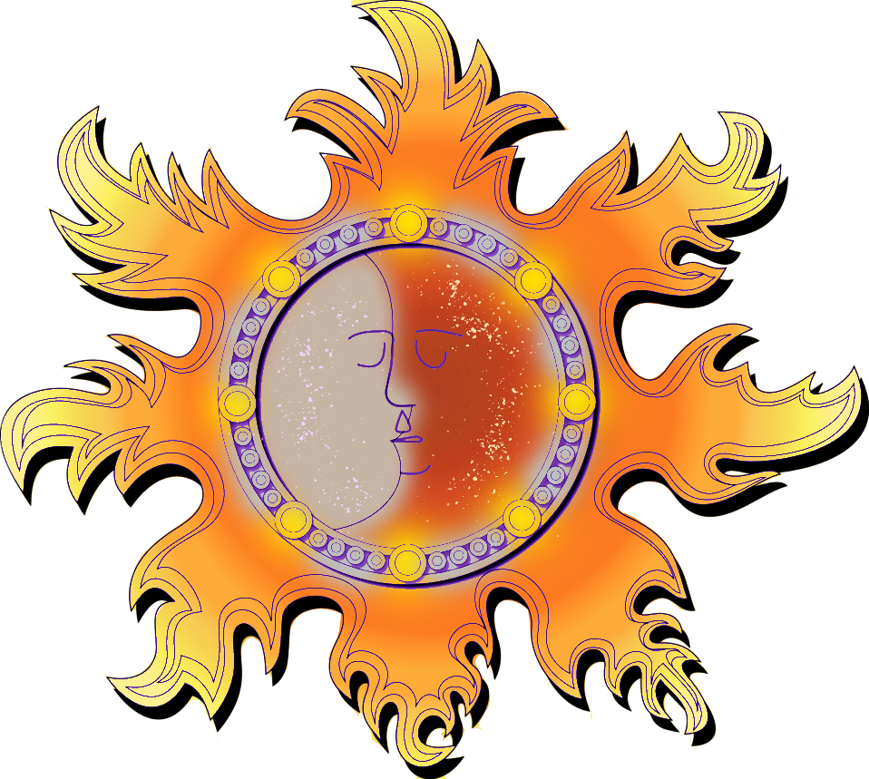 The sun and moon kiss passionately in this simple graphic illustration of two faces drawn with simple lines within a circle of circles, surrounded by 8 spikes of flame regularly placed around the outer edge.